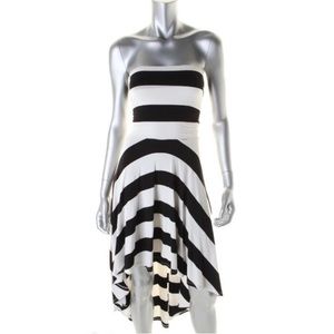 Aqua Black & White Striped Strapless Asymmetrical Dress - Medium